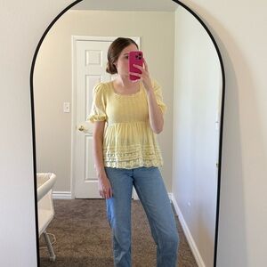 Yellow Lace Trim Blouse with Puff Sleeves and Smocked Detail